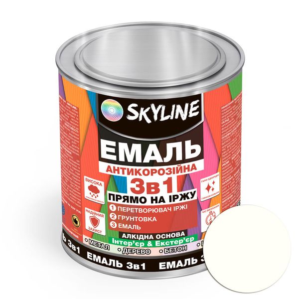 Эмаль алкидная 3 в 1 по ржавчине антикоррозионная «Skyline» Белый 0.9 кг ALKEMB-S-09 фото