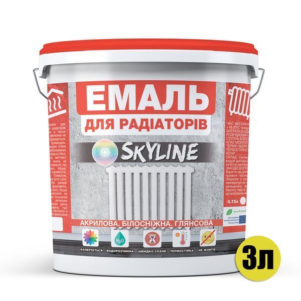 Эмаль Для Радиаторов акриловая термостойкая глянцевая SkyLine 3 л Белая EDR-S-3 фото