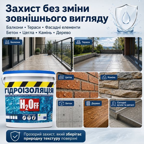 Гидроизоляция универсальная акриловая краска мастика H2Off Прозрачная 1 кг GIDR-S-T-1 фото